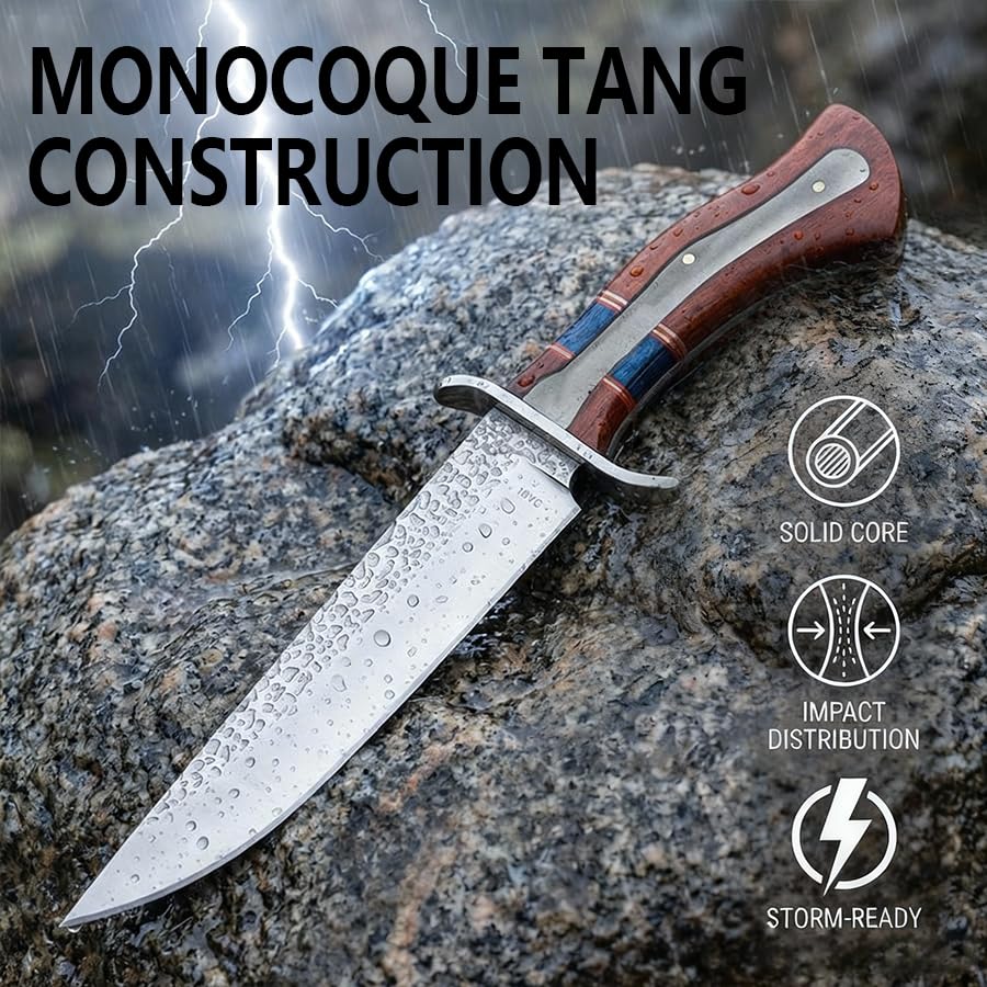 Couteau Outdoor 32cm – Lame Straight-Back avec Finition Marteau, Garde Classique en S en Acier Inox, Poignée Ergonomique en Bois avec Bleu Stabilisé, Compagnon Élégant pour la Nature