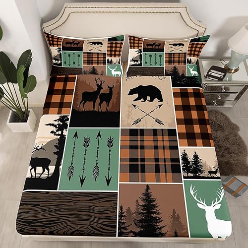 Miniatura 186 de Sábana bajera ajustable de oso de caza, juego de ropa de cama a cuadros de búfalo, sábanas de retazos de cabaña rústica para niños, niños, Multi