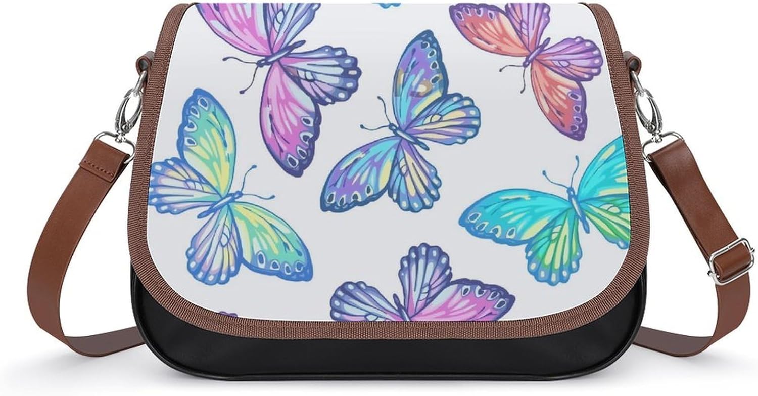 Colorful ButterflyWomen's Faux Leather Crossbody Bag, Waterproof Wrinkle-Resistant Shoulder Bag with Detachable Strap, Large Capacity Casual Handbag, Fashion Daily Purse for Shopping Work Dating, Idea