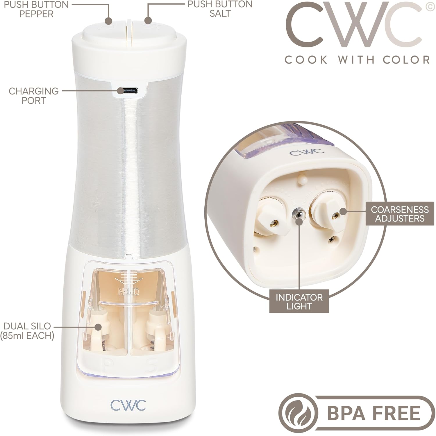 COOK WITH COLOR 2-in-1 Rechargeable Salt & Pepper Shaker - 2 Grinders for Salt and Pepper, 2.83 x 2.83 x 7.87 in, Cream