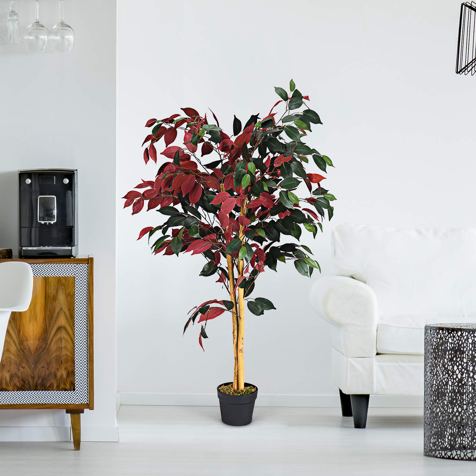 COSTWAY Plante Artificielle Arbre Ficus Artificiel Hauteur 120 CM Décoration Intérieur et Extérieur avec Pot Cimenté pour Salon, Balcon, Chambre, Bureau, Séjour