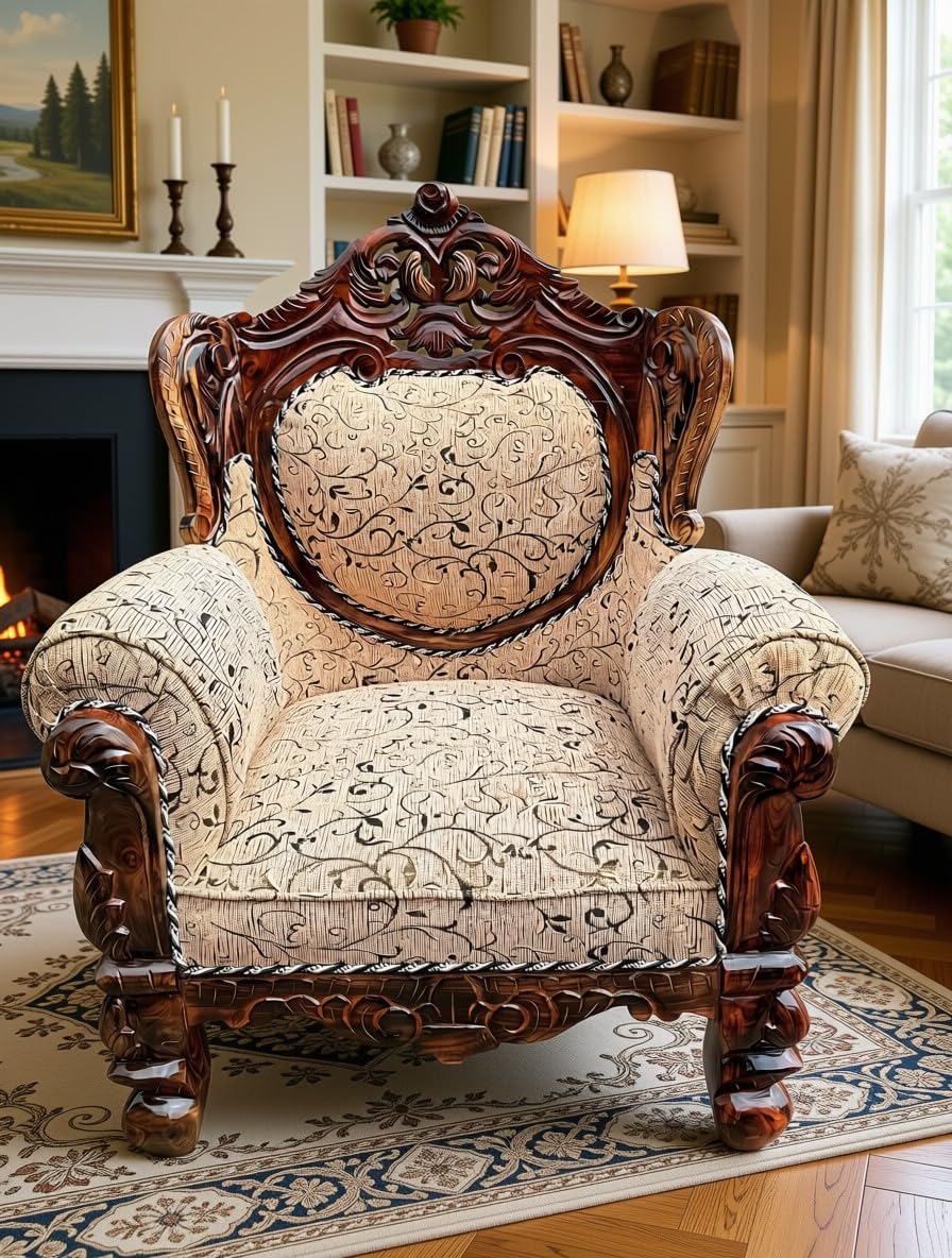 Wooden 5 Seater Sofa Set for Living Room. (OnesetaerN) | 3-Piece Sofa Set, Dark Walnut Finish, Intricate Wood Carving, Cream Floral Fabric, Living Room Furniture-image-26