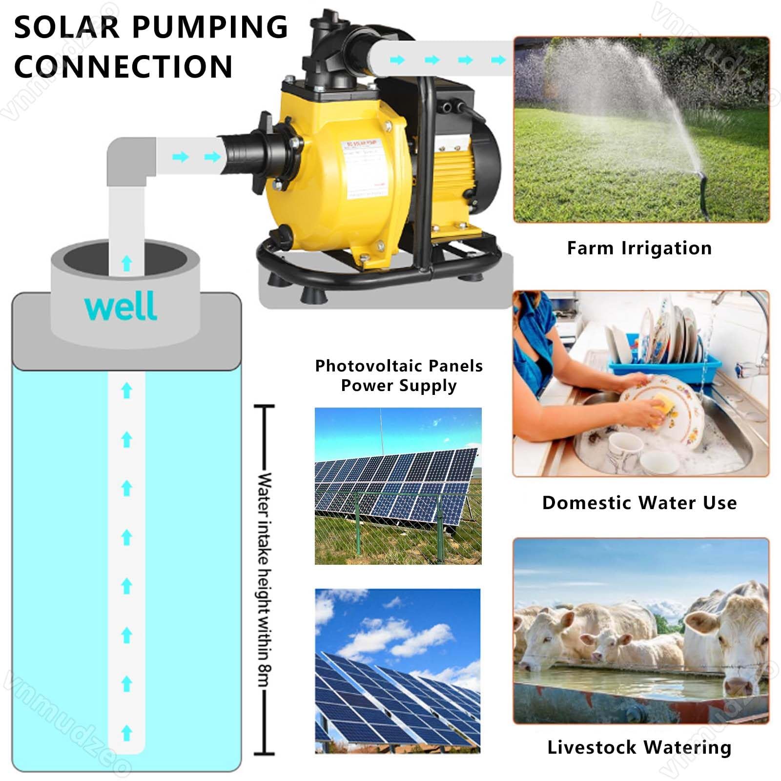 Bomba solar para pozo profundo, 48 V 72 V CC, flujo de 6 m³/h, cabezal de 98 pies, para riego de ganado y llenado de tanques, 800 W