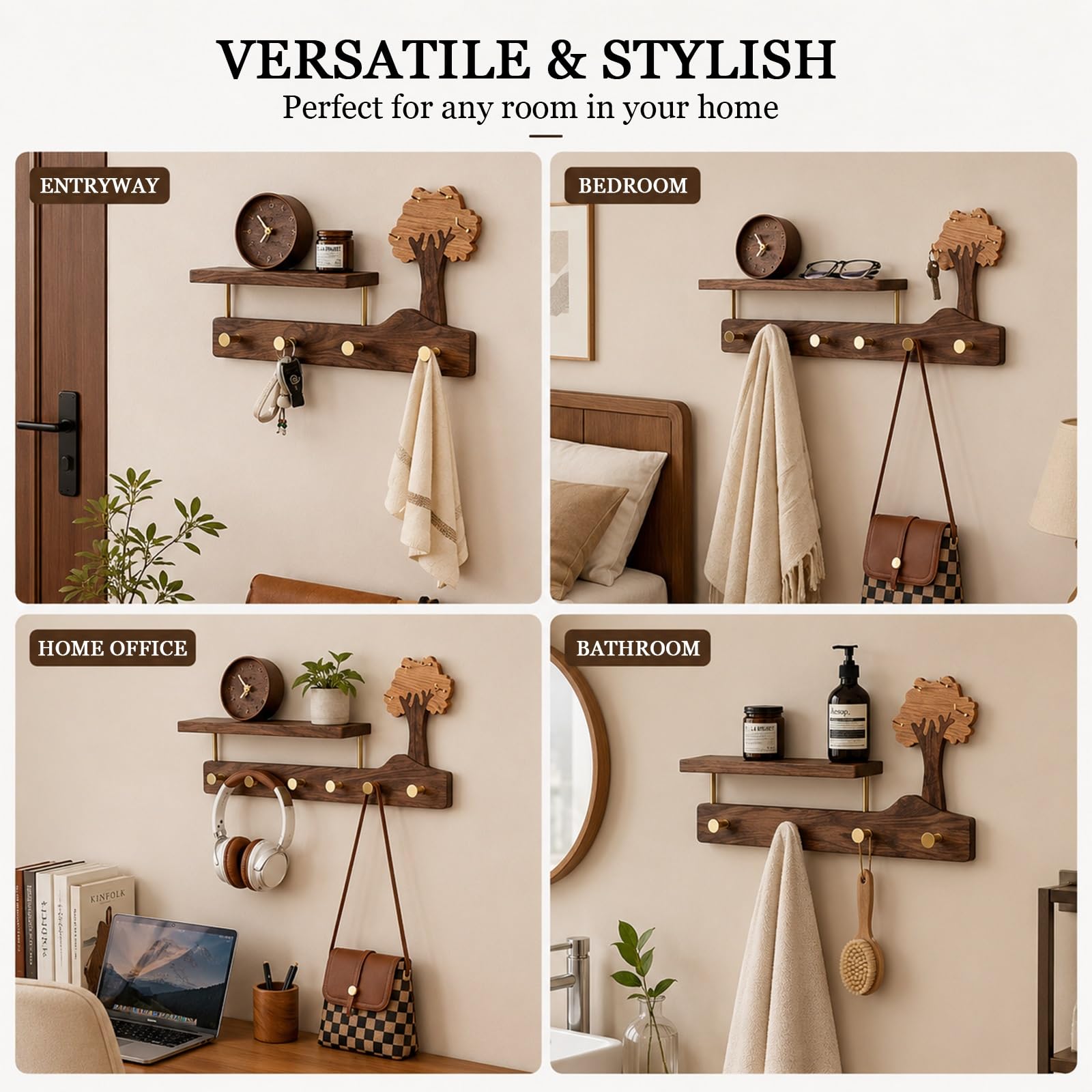 Mensola da Parete in Legno con Ganci - Legno Massello e Ottone, Design ad Albero, Soluzione Multifunzionale per Ingresso, Camera da Letto e Bagno - 41cm & 57cm(4 hooks)