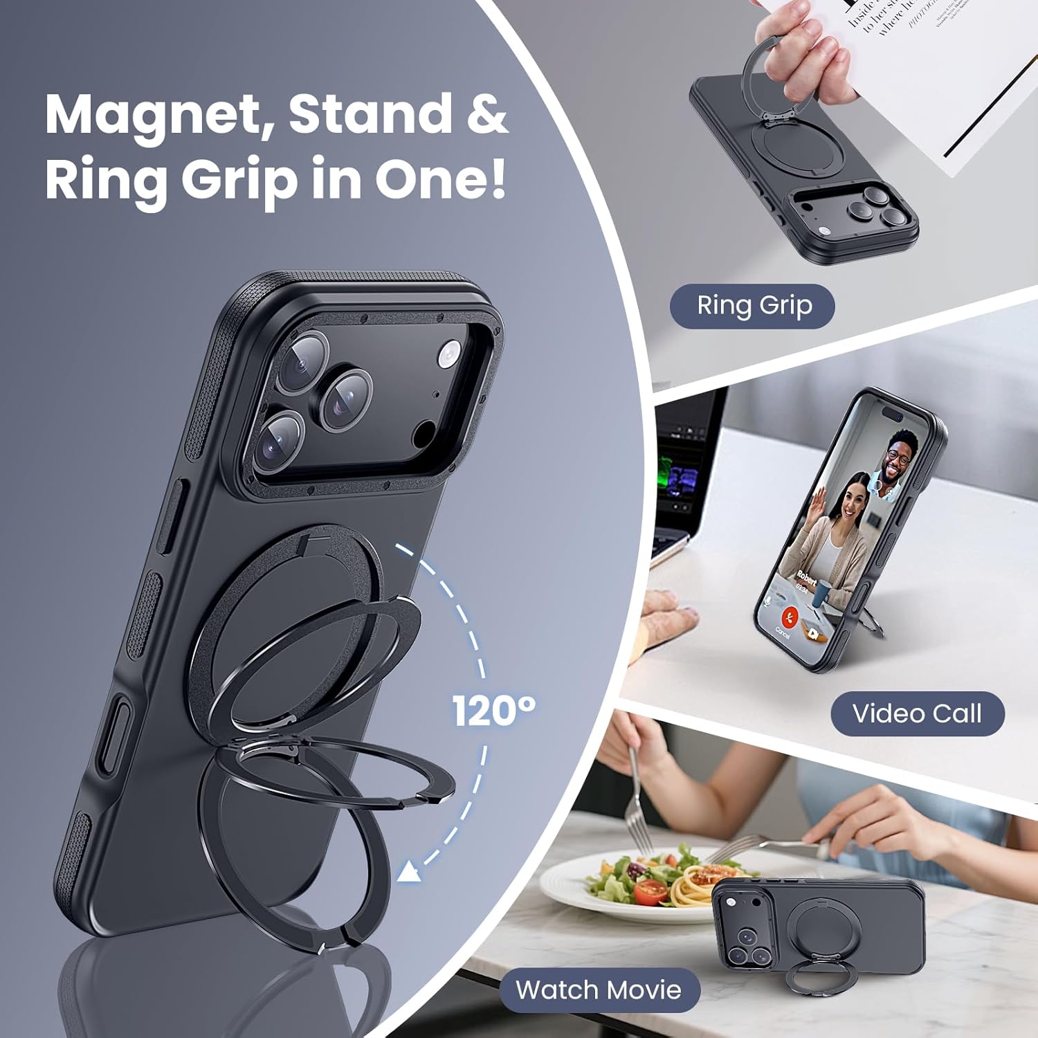 Strong Magnetic Case for iPhone 17 Pro Max (6.9", 2025) with Stand, Drop-Proof Bumper Cover with Contrast Color Border, Military-Grade Drop Protection, Shockproof Slim Thin Cover,Black