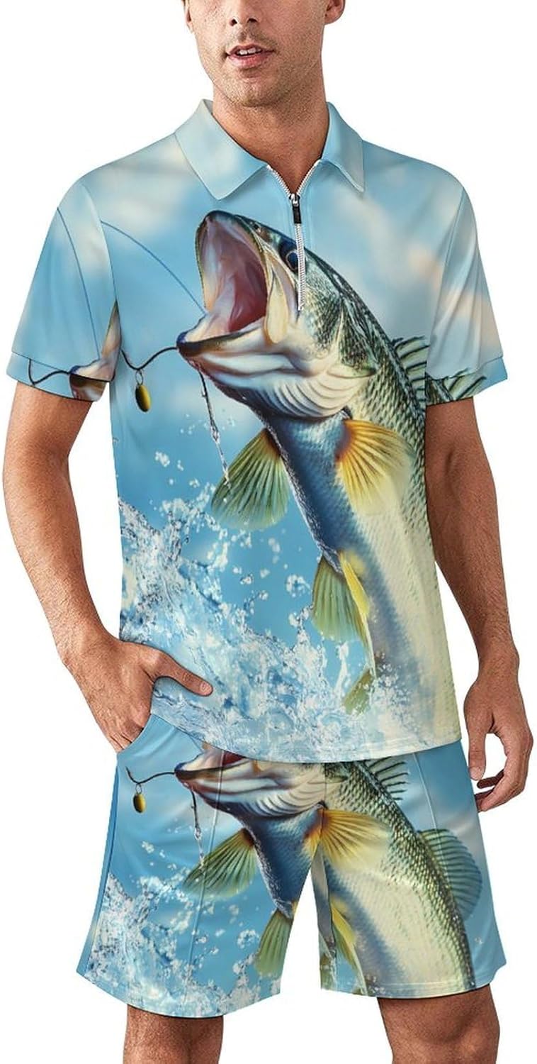 Largemouth Bass Fish Jumping Out Mens Polo Shirts Track Suits 2 Piece Short Sleeve Sweatsuit 1/4 Zip Golf Loungewear for Sports
