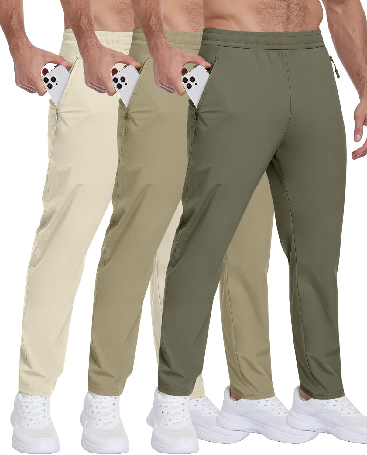 3 Pack Mens Athletic Hiking Pants with Zipper Pockets,Water Resistant Quick-Dry Lightweight Outdoor Sweatpants