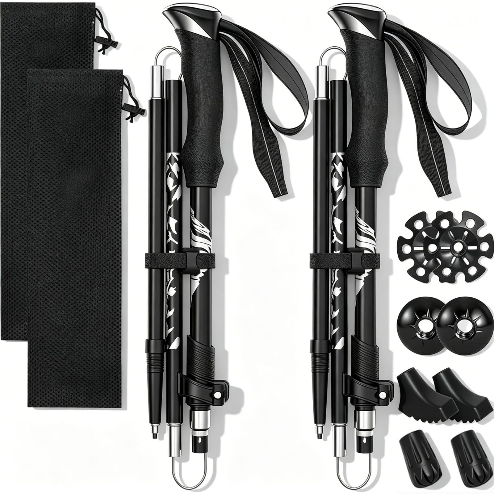 2 Pezzi Bastoncini Trekking Pieghevoli, Bastoni Trekking in Alluminio, Regolabili 110-130cm, Bastoncini Nordic Walking con 4 Paia di Puntali in Gomma, per Montagna, Escursioni, Sci