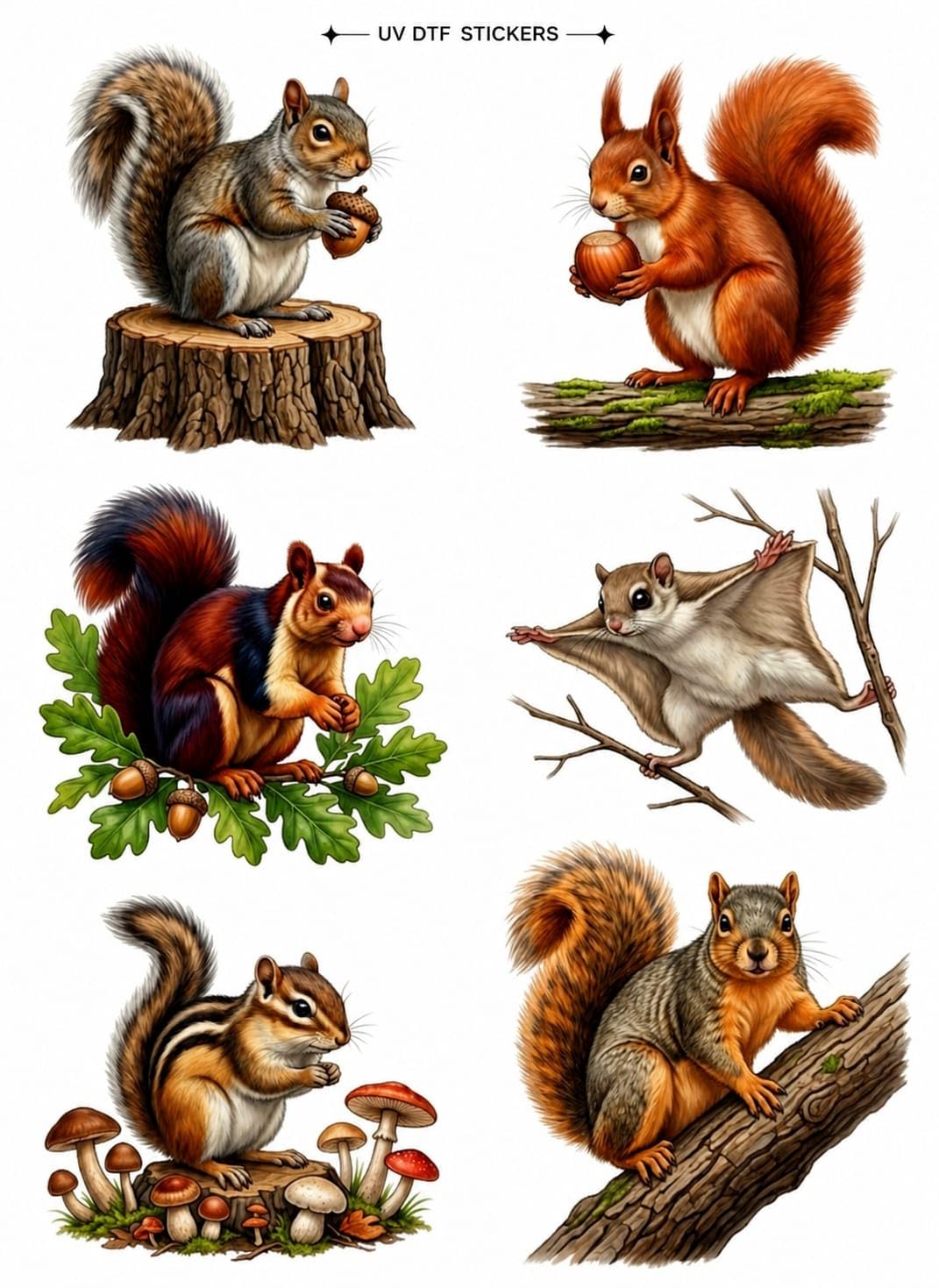 UV DTF Squirrel Transfer Stickers, 6.35x6.35 cm, Waterproof Decals for Mugs, Water Bottles, Laptops, Pack of 6