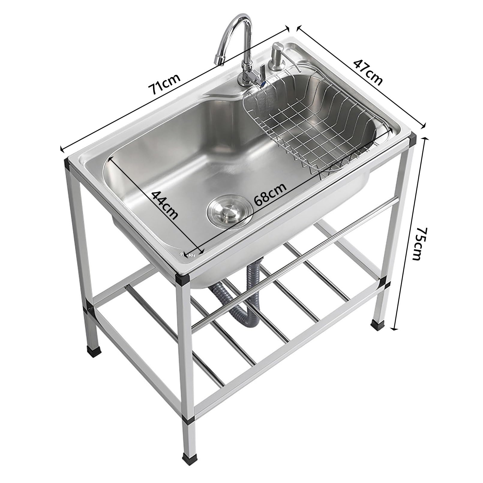 Évier de Cuisine Professionnel en Acier Inoxydable à Une cuve, modèle autoportant avec Robinet d'eau Chaude et Froide, pour buanderie extérieure, Bar ou Restaurant.