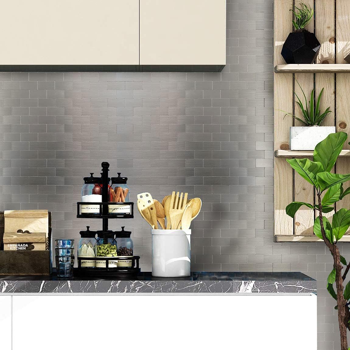XUANINY Peel and Stick Metal Backsplash Tiles, Self Adhesive Aluminum Mosaic 3D Wall Sticker for Kitchen (Subway Stainless Steel, 10 Sheets)