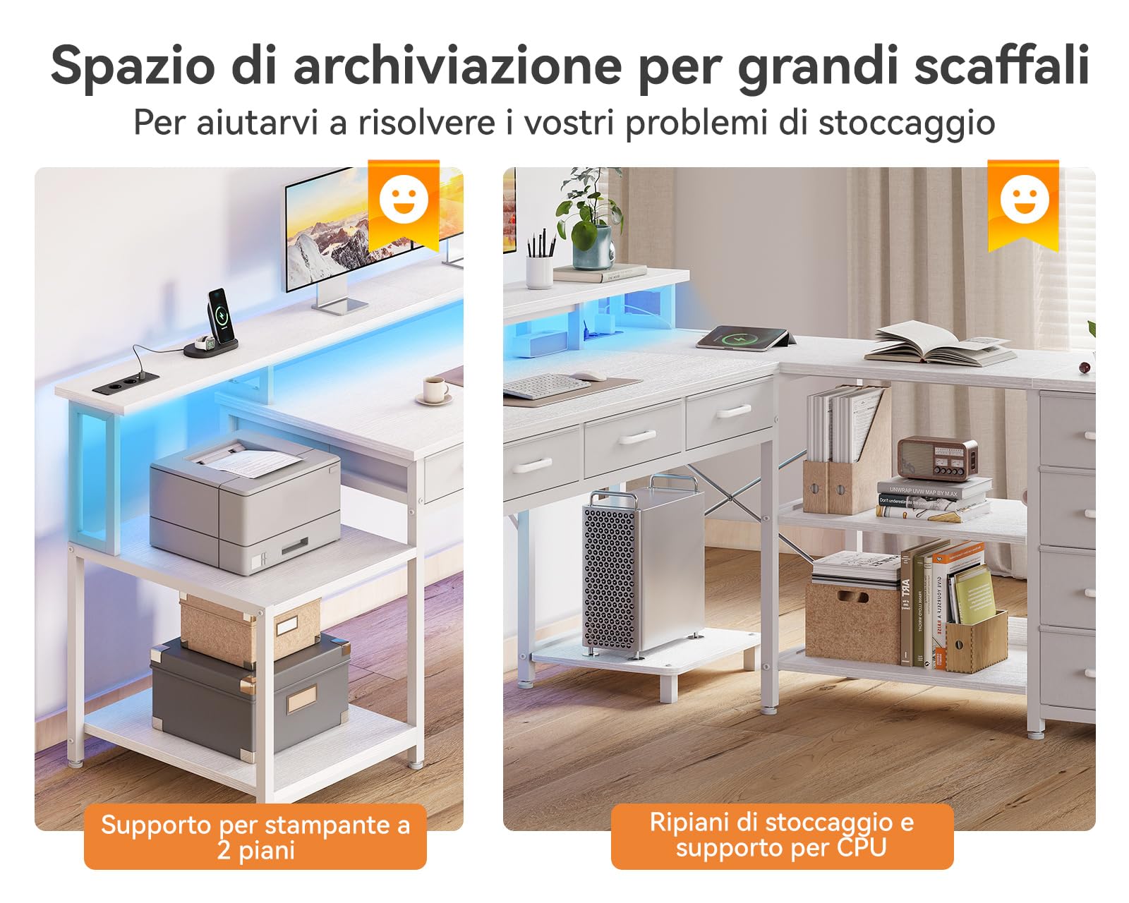 Coleshome Tavolo da Gaming con Luci LED RGB, Scrivania Angolare con 7 Cassetti e Ampio Spazio di Archiviazione, Scrivania a Forma di L Reversibile con 2 Prese, Bianco, 179.5×135.5cm
