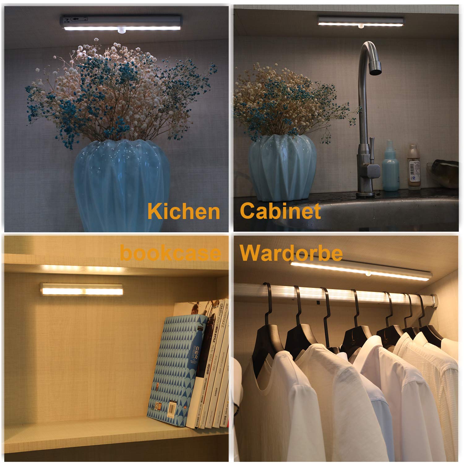 LDOPTO Schrankbeleuchtung Led mit Bewegungsmelder 4 Stück Schranklicht Schrankleuchte Led Leiste Unterbauleuchte Küche Schrankleuchten für Kleiderschrank, Treppe, Kofferraum, RV