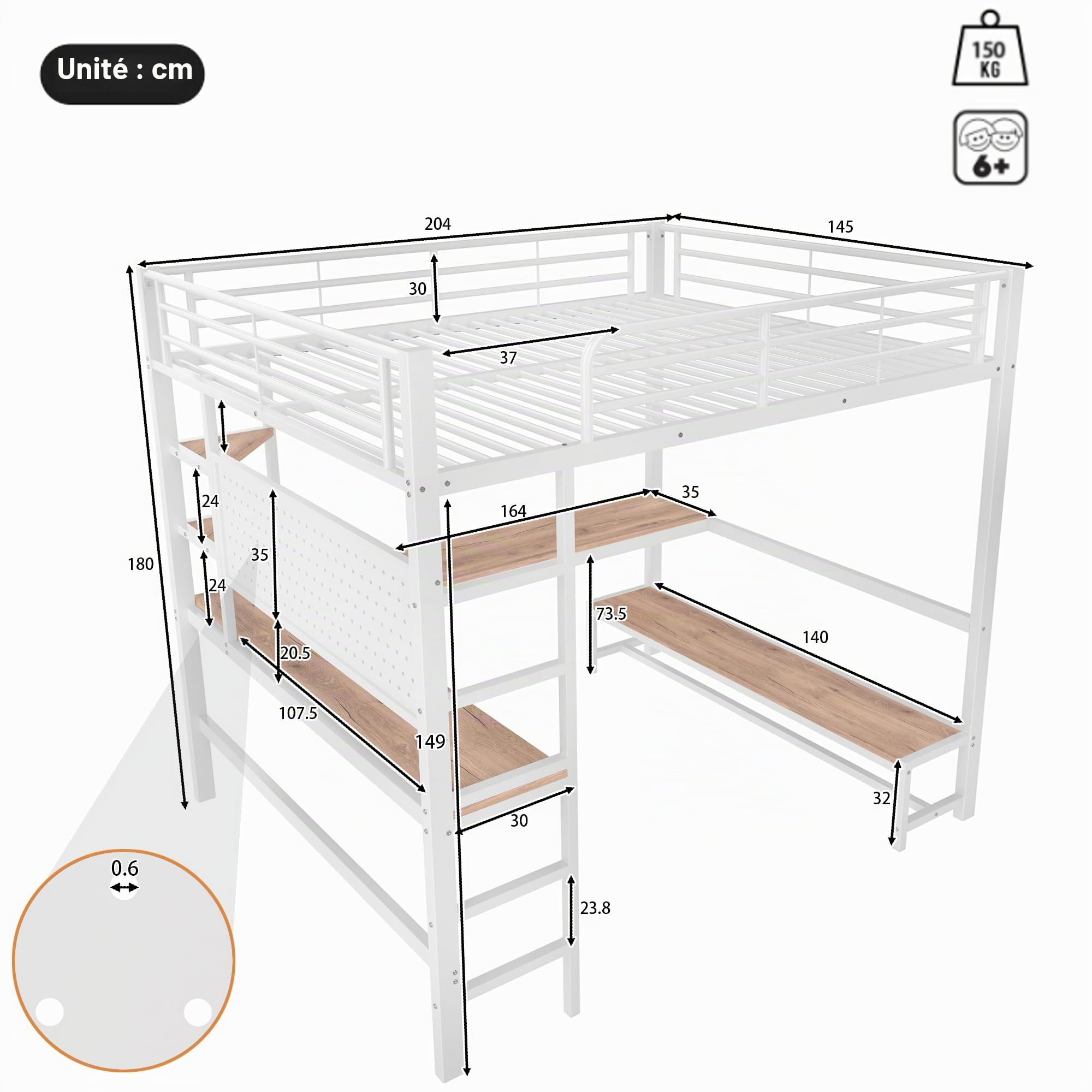 Lit mezzanine 140x200cm, avec port USB et lumière LED, lit en fer avec bureau, étagères de rangement et panneau suspendu, lit double avec barrières de sécurité et échelles,blanc(matelas non inclus)