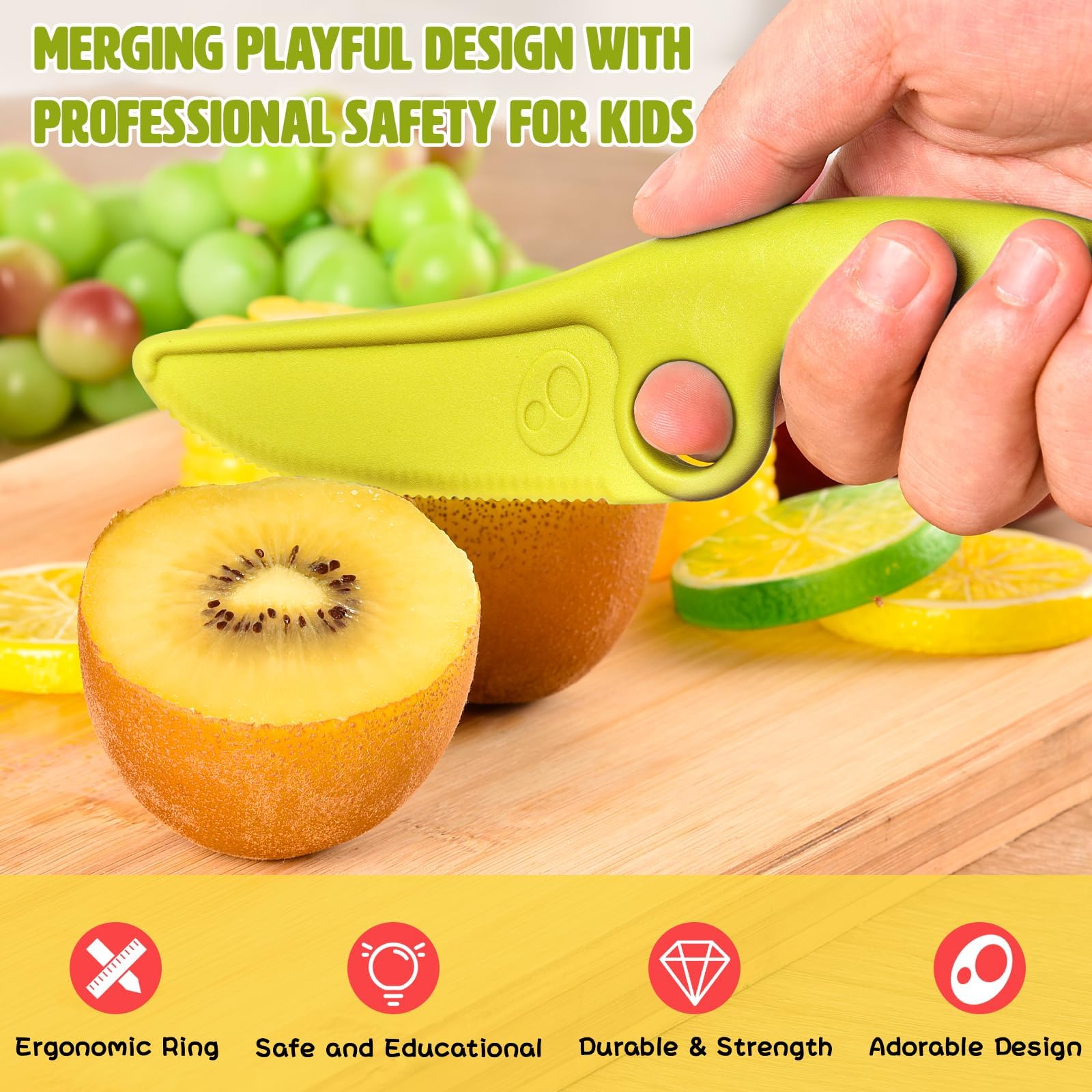 ZLemma Toddler Learning Knife Set 4-Piece with Educational Ring for Real Cooking, Adorable Dog Design, Safe Serrated Edge for Cutting Training, and Premium Nylon Material Blade, (colors vary)