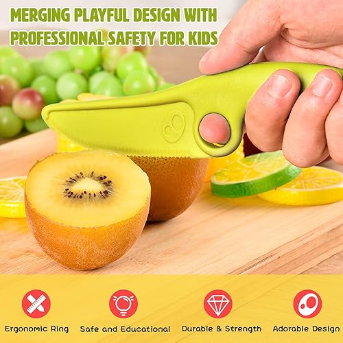 Miniatura 2 de Cuchillo de aprendizaje para niños pequeños con anillo educativo, bonito diseño de perro, borde dentado seguro para entrenamiento de corte, hoja de