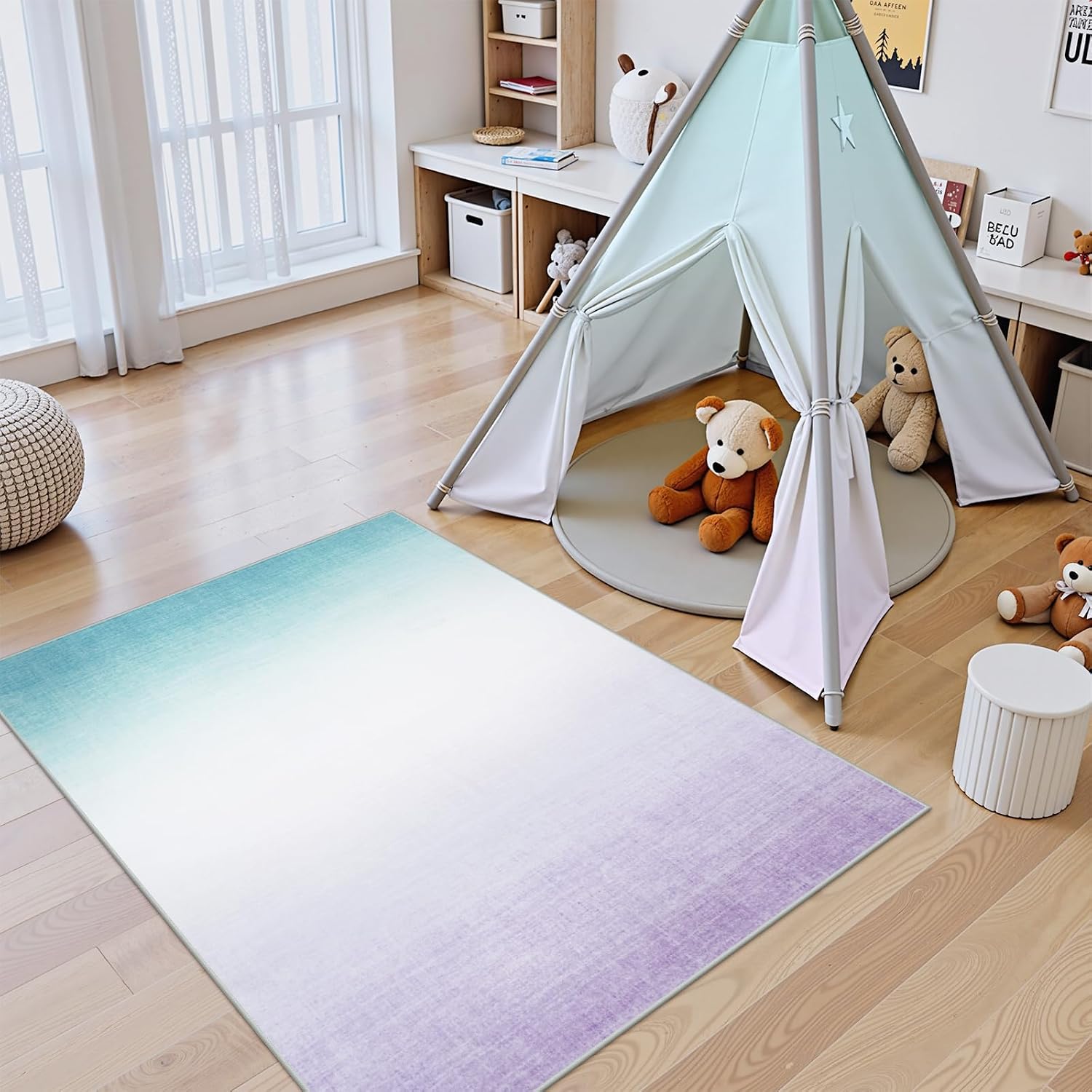 LIVEBOX 3x5 Washable Area Rug Ombre, Non-Slip Small Entryway Rug Purple Abstract Modern Cute Kids Girls Rug for Bedroom Living Room Low-Pile Carpet for Indoor Kitchen Playroom Bathroom(Purple 3'x5')