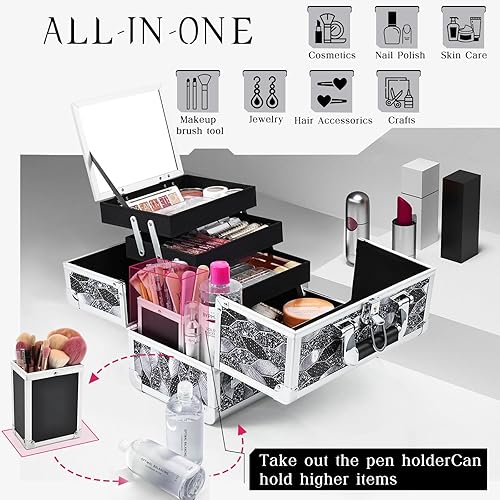 Miniatura 2 de Joligrace Caja de maquillaje para mujer, organizador de joyas de viaje con compartimentos y espejo, caja organizadora de maquillaje portátil con