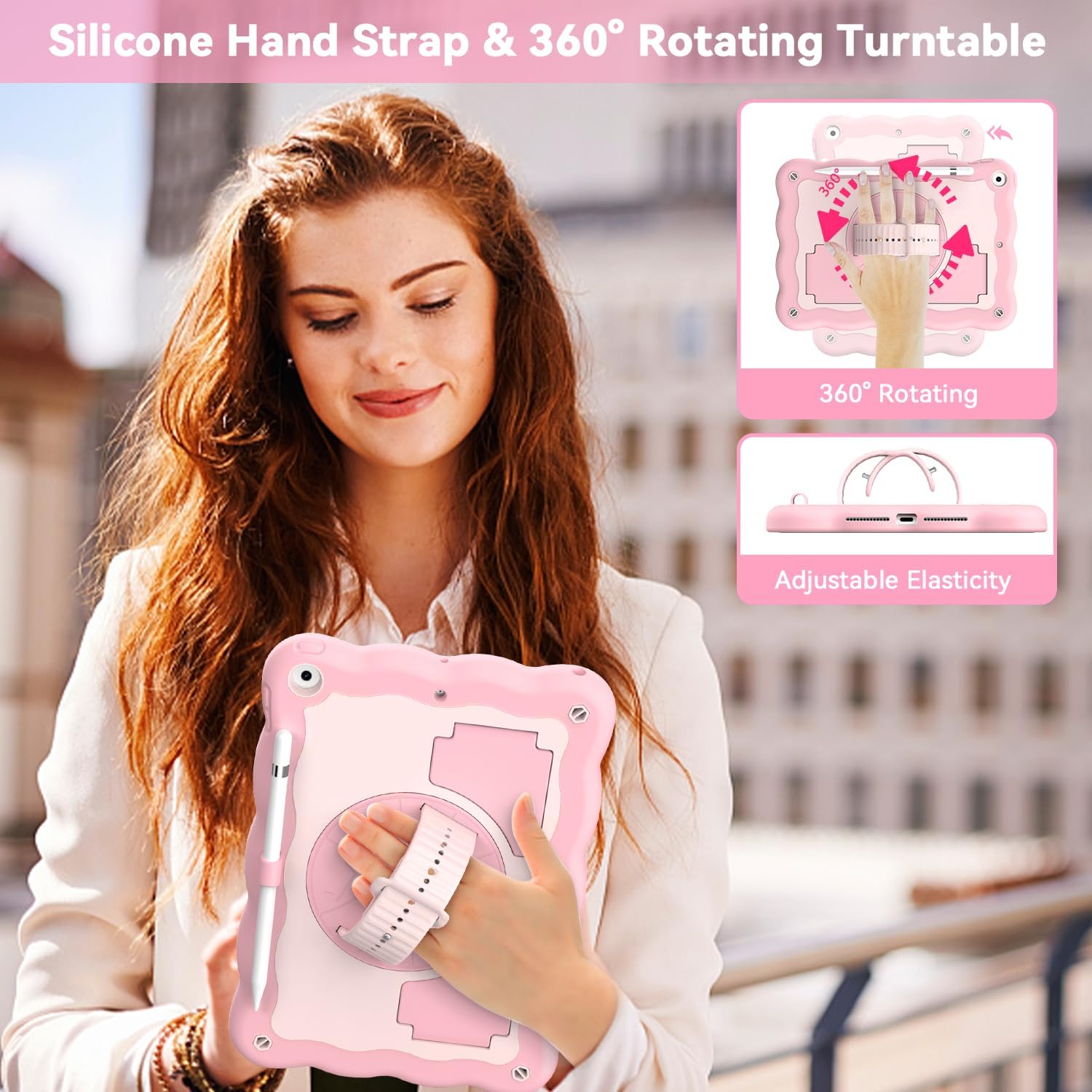 ZoneFoker Case for iPad 9th Generation Case / 8th Gen / 7th Gen 10.2 Inch 2021 2020 2019, Heavy Duty Shockproof Protective Cover with Pencil Holder [360° Rotate Strap] & Stand, Pink