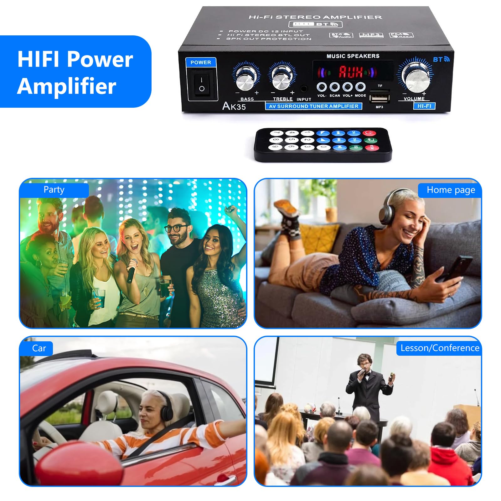 Amplificatore audio AK45, amplificatore stereo, amplificatore Bluetooth 5.0 HIFI con telecomando per auto e casa con ingresso MIC/SD/USB, radio FM