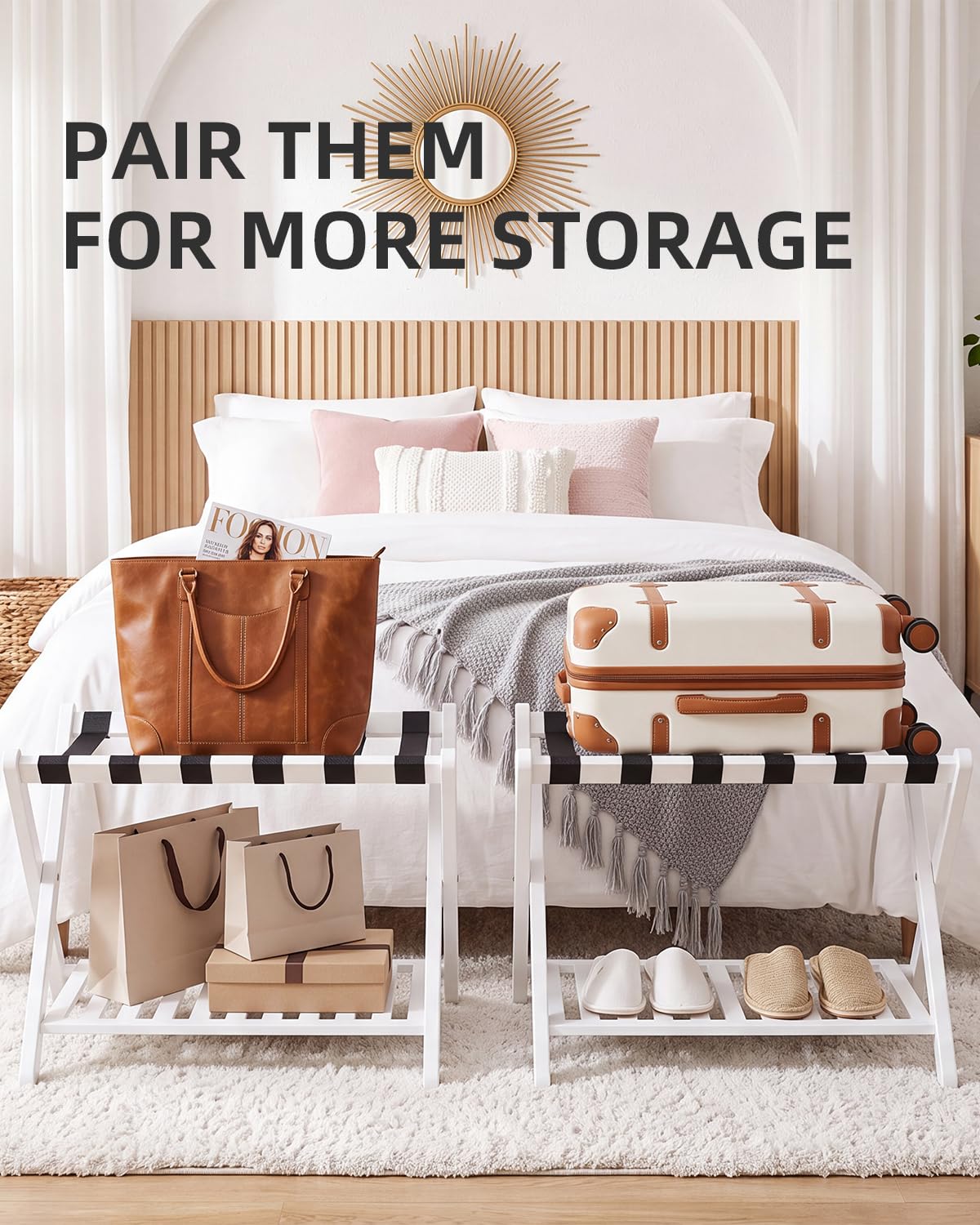SMIBUY porte-bagages, paquet de 2, porte-valise pliable en bambou avec étagère de rangement pour chambre d’amis, chambre à coucher, hôtel, robuste (blanc)