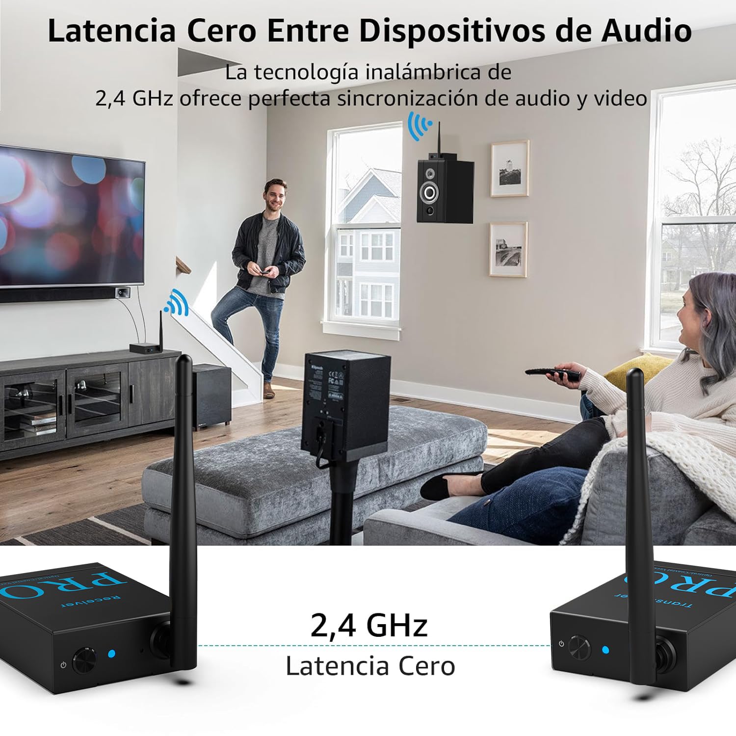1Mii (1 TX + 1 RX) Transmisor Receptor de Audio Inalámbrico | Transmisión de Audio 2,4 GHz, HiFi desde TV/PC a Altavoces Activos/Amplificadores/Receptores AV, Óptica/Coaxial/3.5mm/RCA