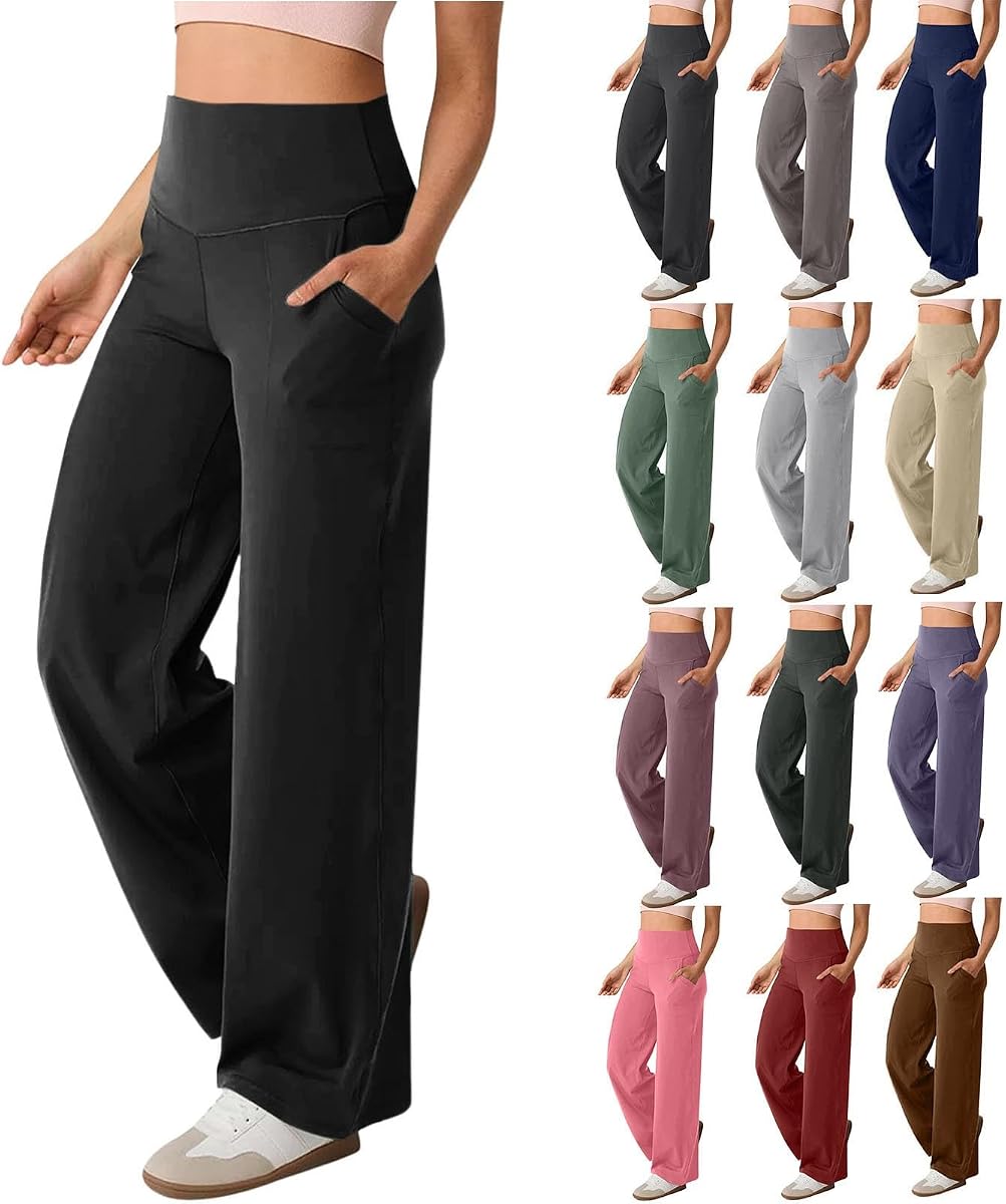 Pantalones de yoga elásticos para mujer con bolsillos, pantalones de pierna ancha, pierna recta, cintura alta, elegantes leggings acampanados con control de barriga