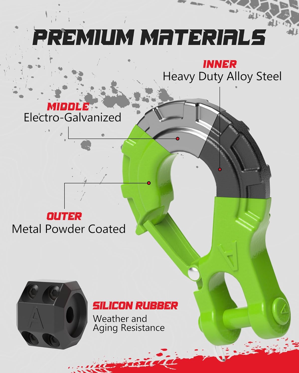 3/8" Winch Hook & Winch Cable Hook Stopper Sets, Heavy Duty Grade 70 Forged Steel Recovery Hook with Safety Latch, Included Allen Wrench,Max 37,478 Lbs, Green - Image 2