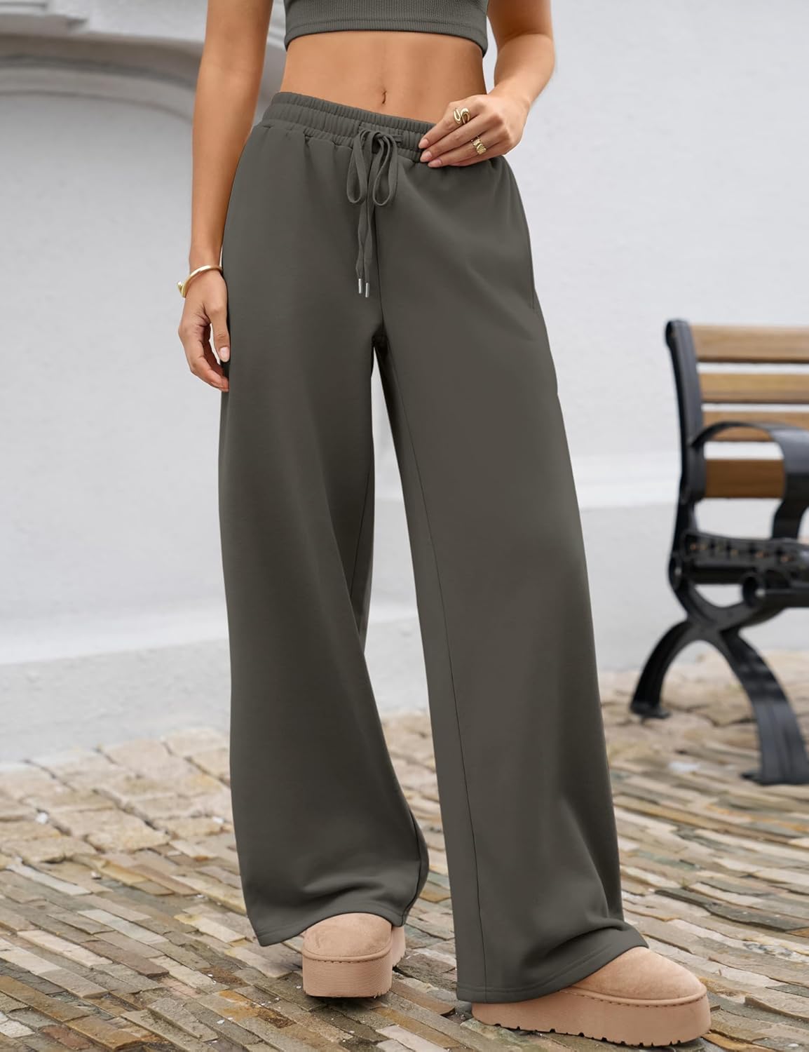 LOMON Women's Sweatpants Wide Leg Fleece Lined Sweat Pants Spring Winter Clothes 2026 Baggy Drawstring Joggers with Pockets - Image 3