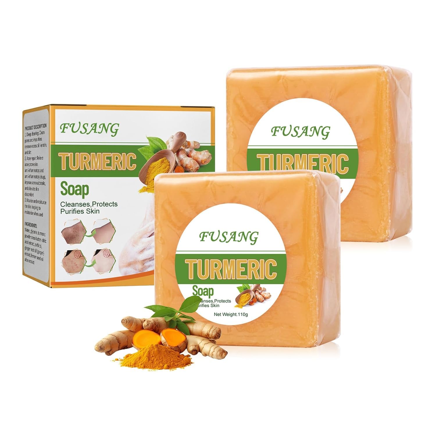 Natural Turmeric Soap Bar for Face & Body – Skin Brightening Soap for Dark Spots, Intimate Areas, Underarms – Face Wash Reduces Acne, Fades Scars & Cleanses Skin –Turmeric Bar (2PCS)