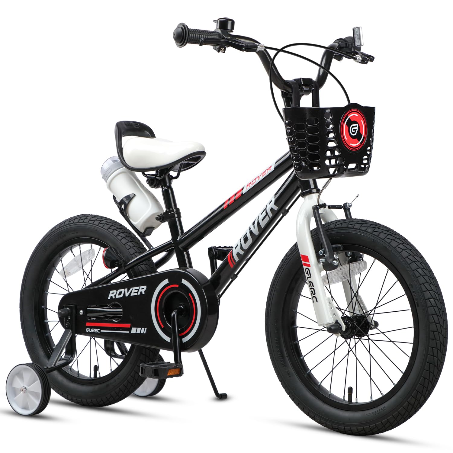 Glerc Rover 16 Inch Kids Bike for 4 5 6 7 Years Old Boys Girls Bicycles with Water Bottle & Stabilisers & Basket, Black