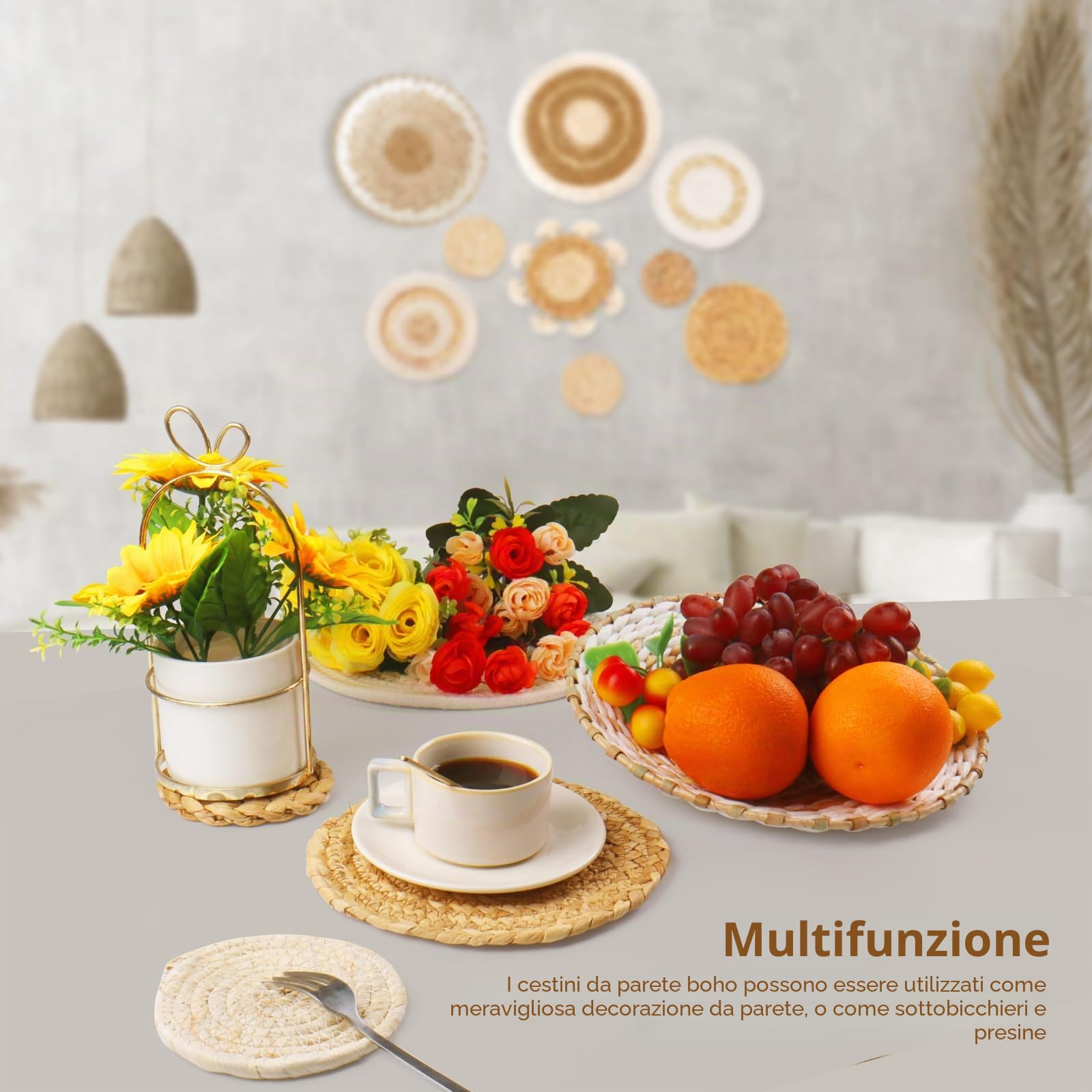 Set di 9 cestini da parete in stile bohémien, da appendere, in rattan, vimini, decorazione da parete, ecologica, rotonda, per casa, camera da letto, soggiorno, tavolo, cucina, casa