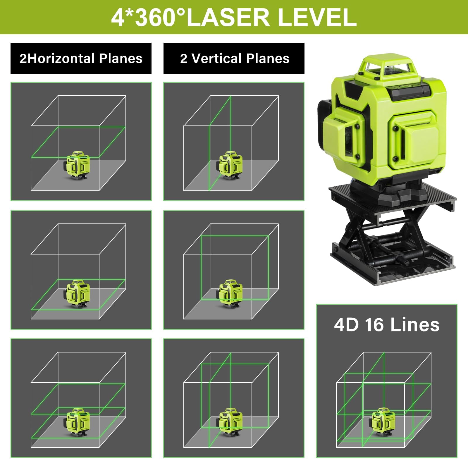 STANEW Nivel Láser Autonivelante 360 Grados, Nivel Láser Verde 16 Líneas, 2 x 360 Horizontal y 2 x 360 Verticales, 2 x Batería, Montaje en Pared, Control Remoto, Base Magnética,Incluye Trípode