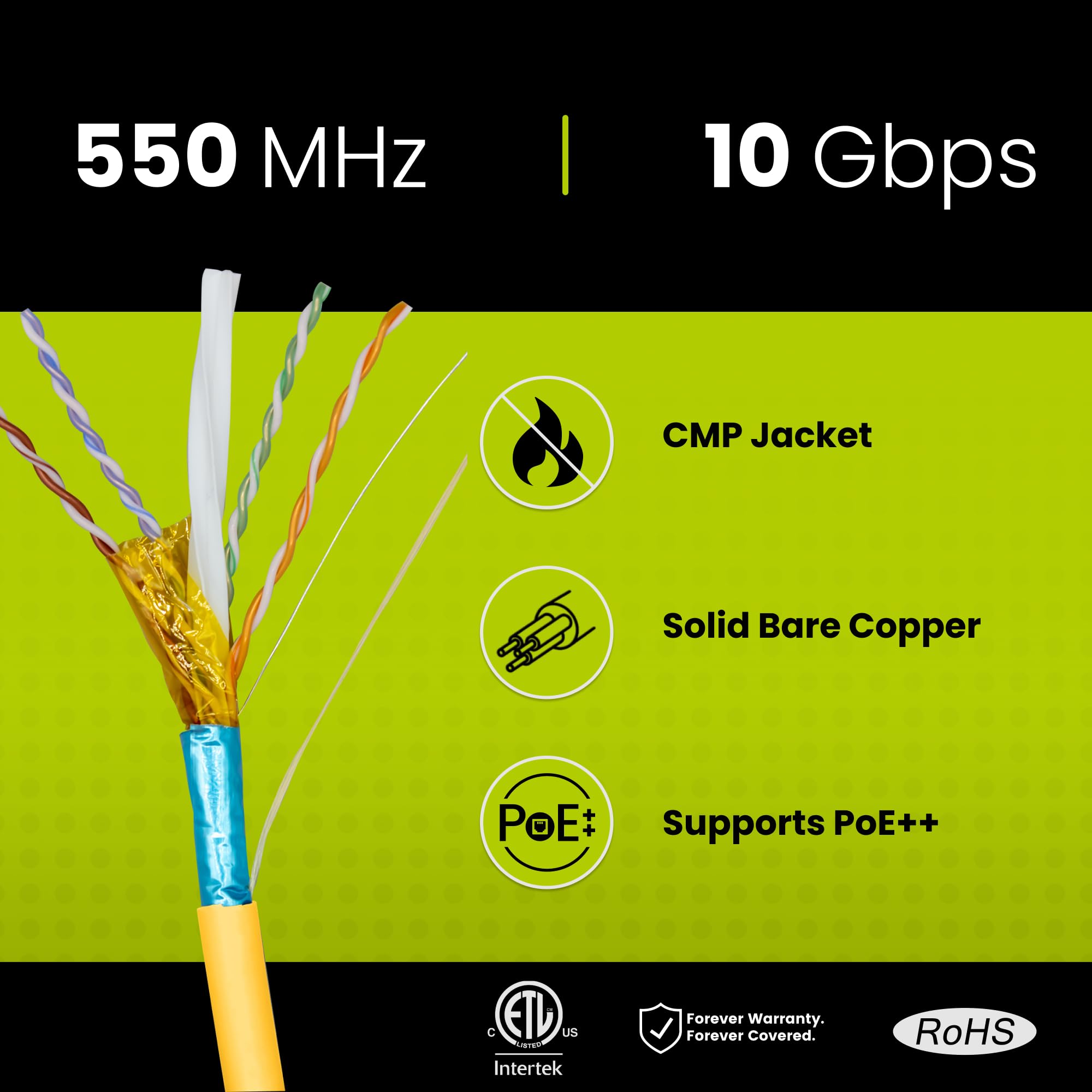 TrueCABLE - Cavo Ethernet schermato Cat6, in rame nudo massiccio, 550 MHz, schermatura totale (FTP), cavo Ethernet in blocco, cavo trueCABLE Giallo N9000 Iii 1000ft