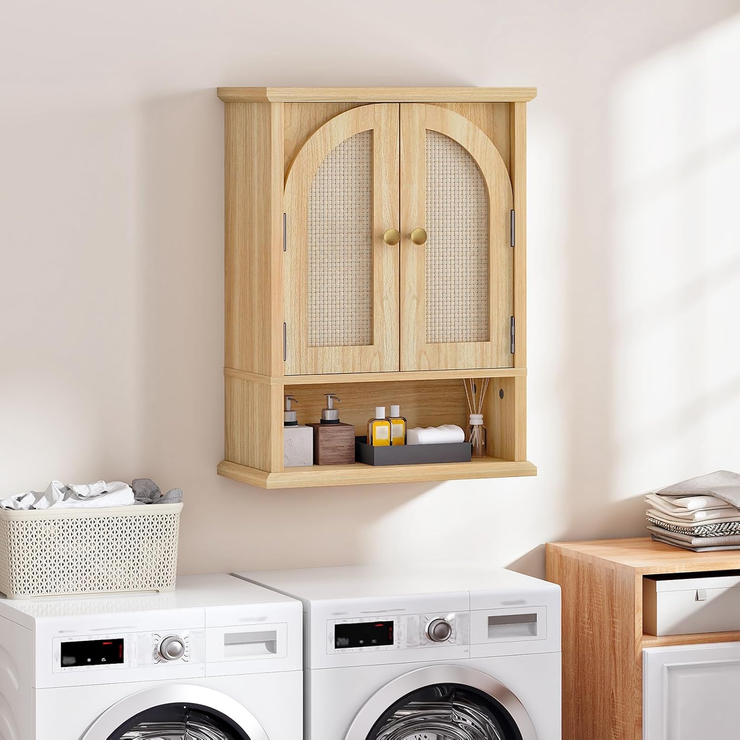 HOOBRO Arched Rattan Style Medicine Cabinet, Farmhouse Bathroom Wall Cabinet with Adjustable Shelf, Over The Toilet Storage Cabinet with Open and Hidden Space for Bathroom and Kitchen Storage Natural