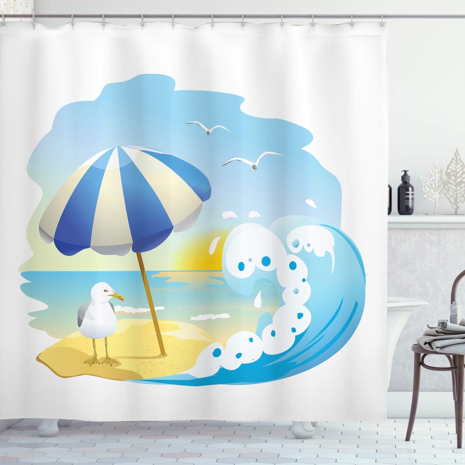 Ambesonne Seagulls Shower Curtain, Seagull at The Beach with Umbrella Waves Sand at Seaside Sunny Sky Cartoon Print, Cloth Fabric Bathroom Decor Set with Hooks, 69" W x 75" L, Multicolor