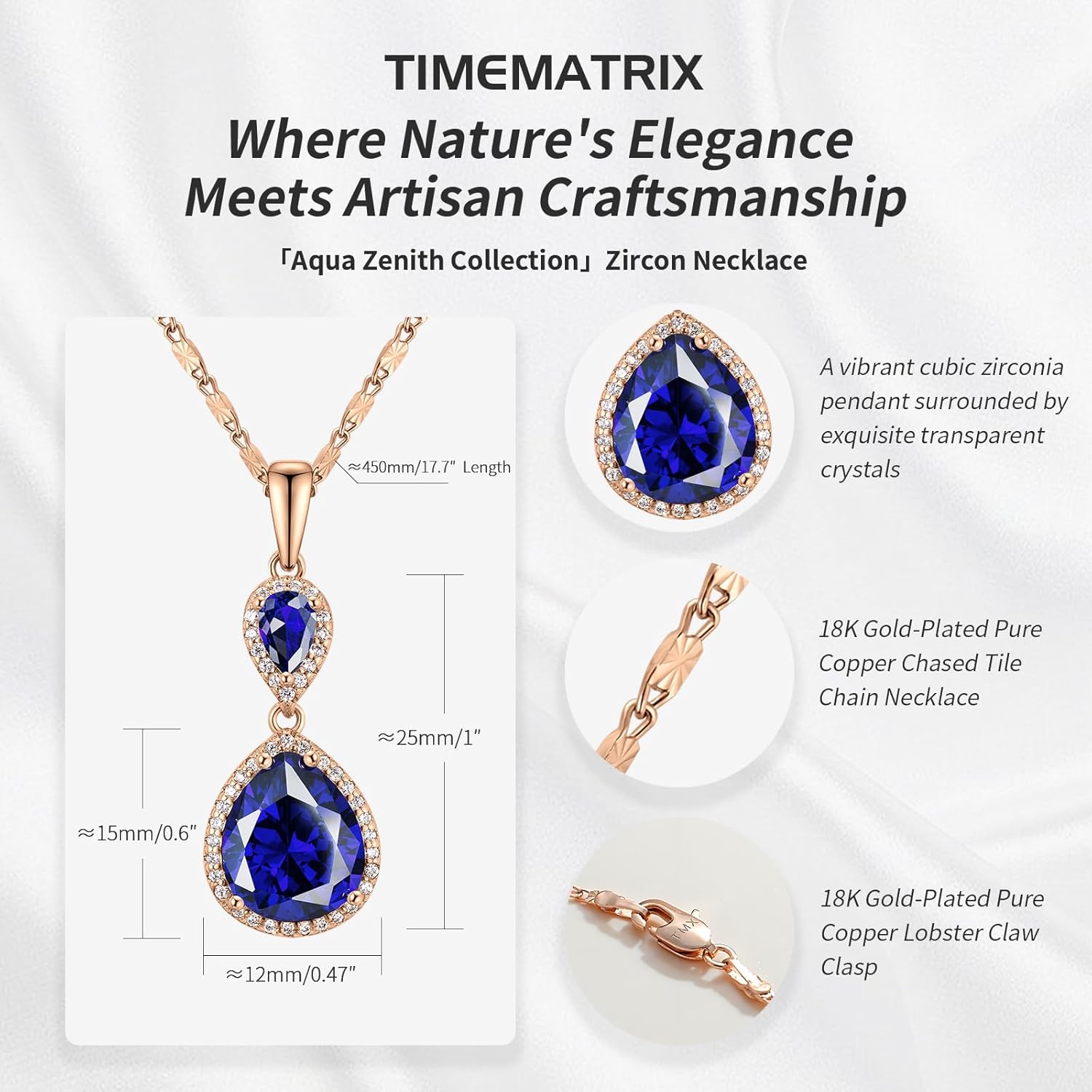 Water Drop Pendant Necklace for Women, 18K Gold Plated Brass with Sapphire Blue Cubic Zirconia Gemstones Double WaterDrop Pendant - Image 5