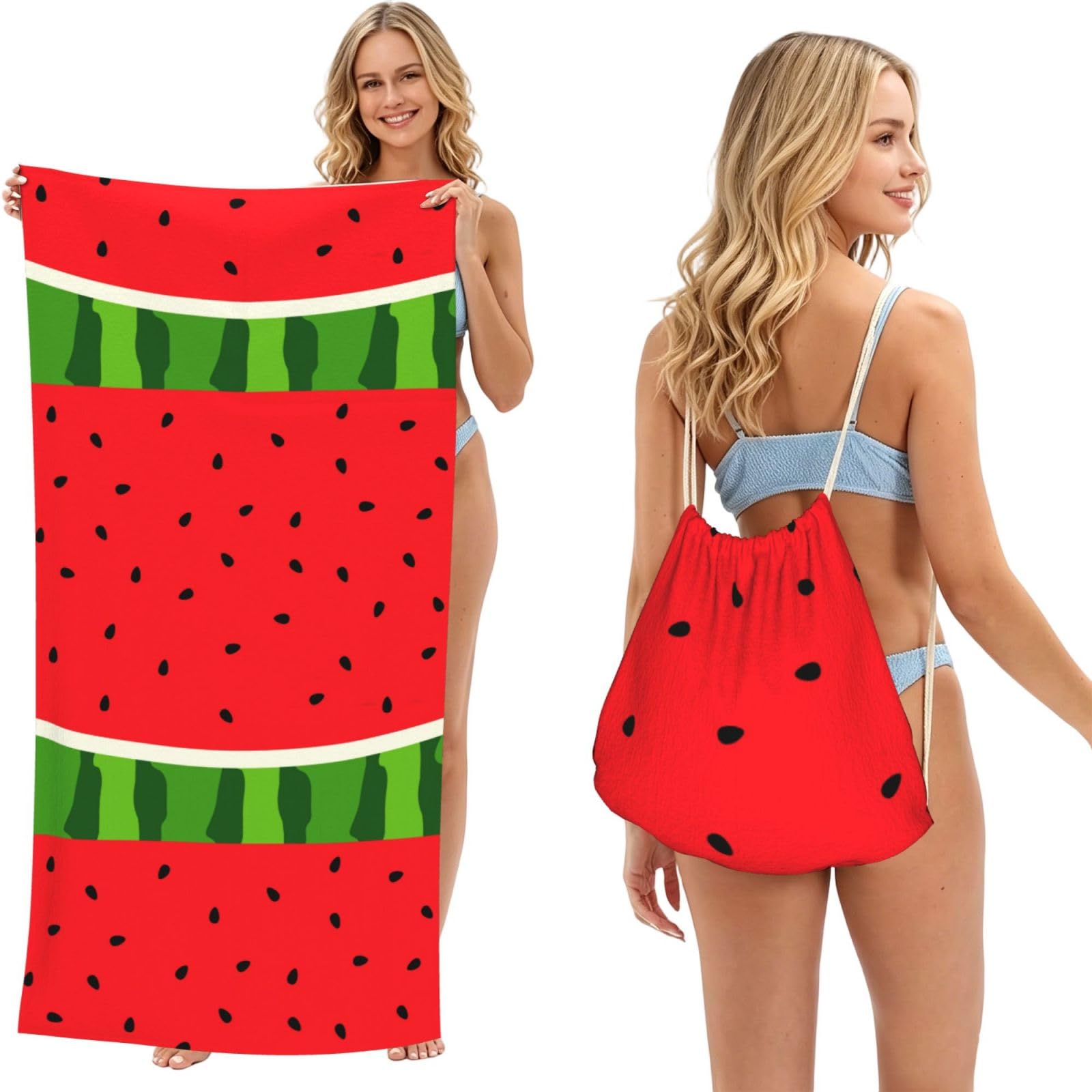 Poadnly As Picture Watermelon Pattern, Fruit, Red, Stylish, 2 In 1 Packable Towel Bag, Beach Towels With Drawstring Backpack For Travel Holiday Camping