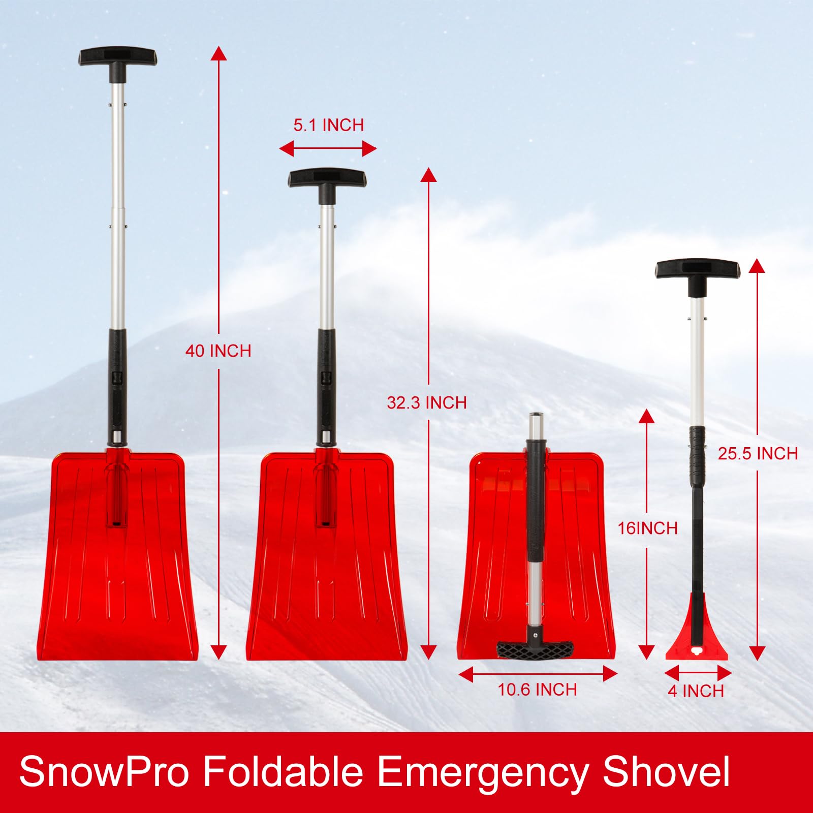 SnowPro 3-in-1 Pala da neve per auto, design pieghevole e telescopico veloce per la rimozione della neve di emergenza - Pala da neve compatta con guanti, spazzola da neve e raschietto per ghiaccio -