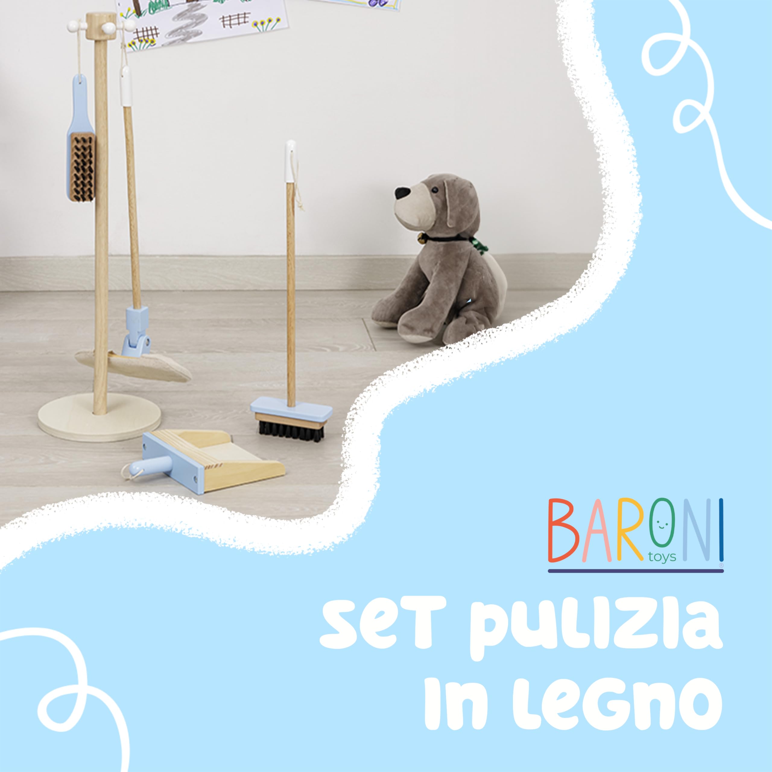 Baroni Toys Set Pulizia in Legno Montessori, 4 Pezzi con Supporto, Gioco Educativo per Bambini 3-6 Anni, Include Scopa, Paletta, Mocio e Spazzola, Facile da Montare e Leggero, 17x18x59 Cm