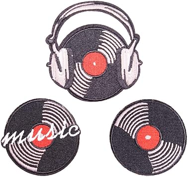U-Sky Sew or Iron on Embroidered Patches | Vinyl Record & Headphones Music Theme Design | Retro Musical Lovers Enthusiasts DJs | Jackets Backpacks Jeans Vest | 3"x2.9" 3 Different Designs 3PCs Pack