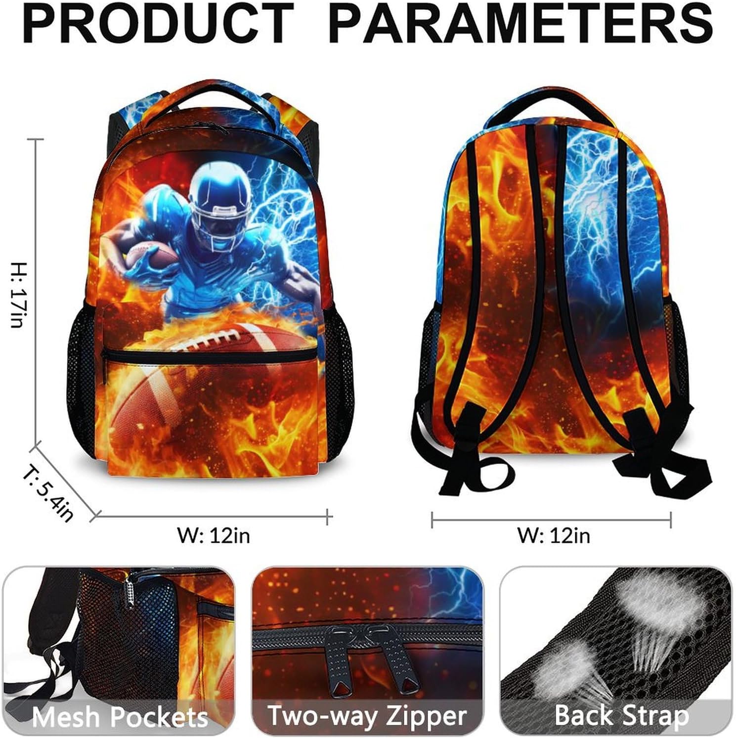 Boys Backpack, Football Backpacks for Kids Teens, 17 Inch Lightweight Sport School Bookbag for Elementary Middle Primary High Senior, Boys Back to School Supplies - Image 3