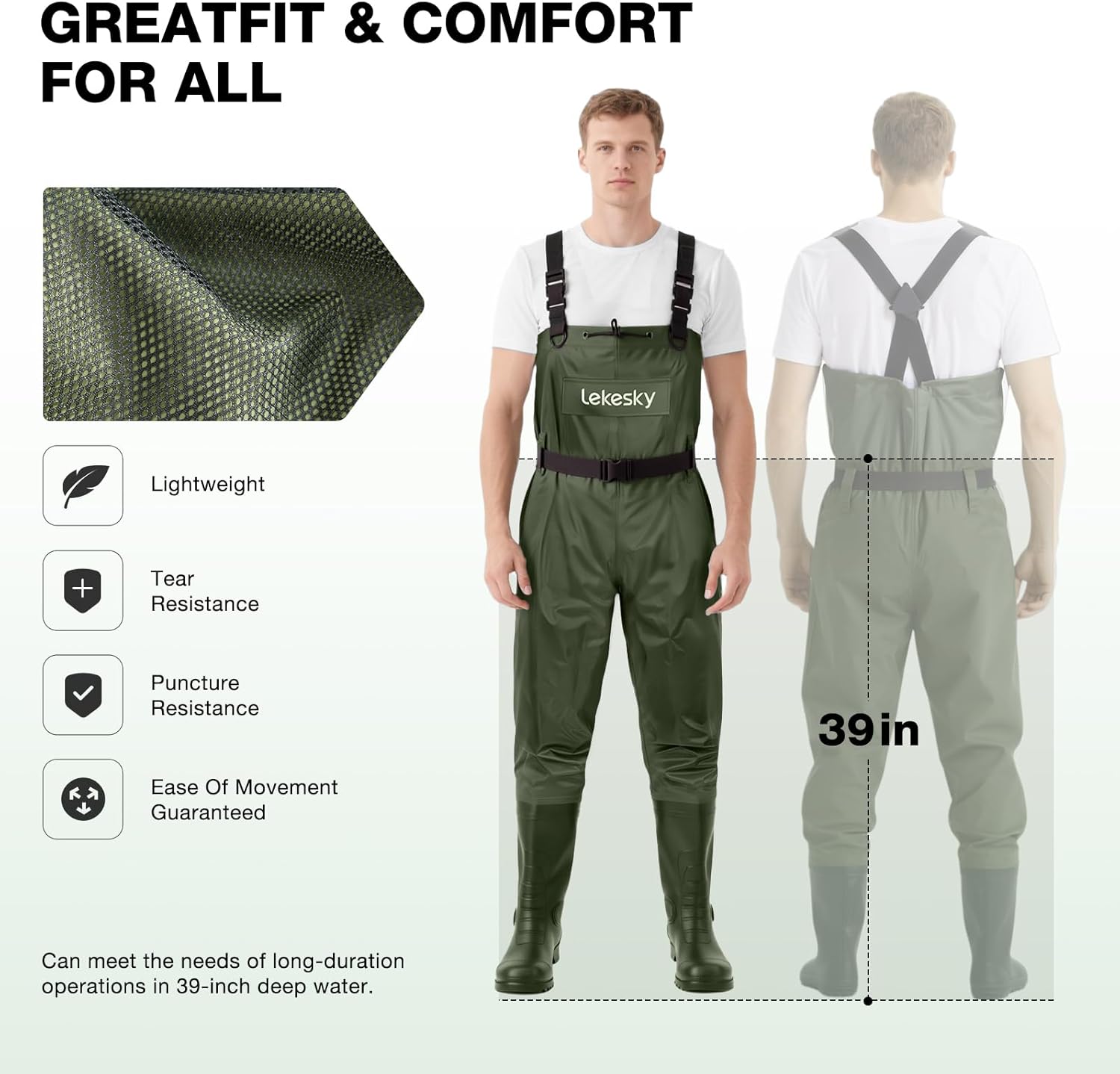 Lekesky Fly Fishing Chest Waders with Boots for Men Women, US Sizes 5–14,2-Ply Nylon/Pvc Waterproof Waders - Image 5