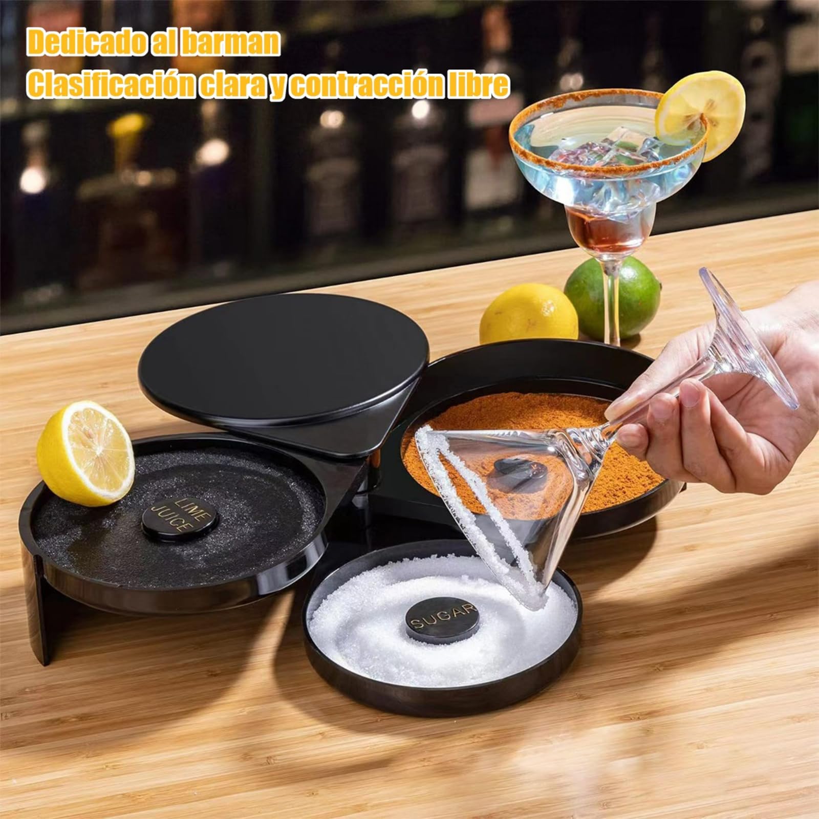 Presseur à sel à margarita à 3 niveaux, outil de barman à cocktail, boîte d' assaisonnement de jus, bord de sel de sucre pour bar Presseur à sel à margarita à 3 niveaux, outil de barman à cocktail, boîte d' assaisonnement de jus, bord de sel de sucre pour bar