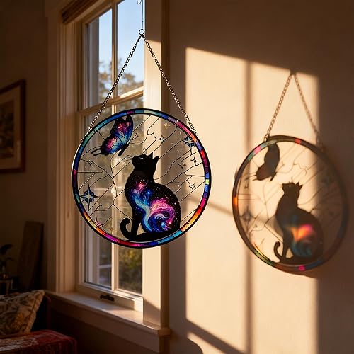 Miniatura 3 de Colgante de Vidrio Emplomado de Gato Negro para Ventana, 9.8'' Gato Negro y Mariposa con Diseño de Nebulosa Atrapasol Decoración del Hogar