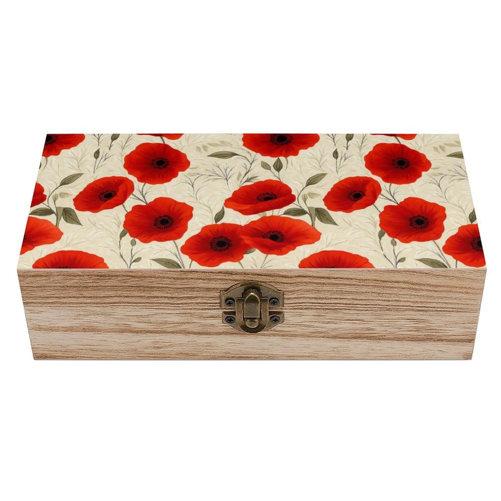 SMAZDFXX Vintage Red Poppy And Leaves Wooden Storage Box Multipurpose Decorative Box for Jewelry Photo Home Decor