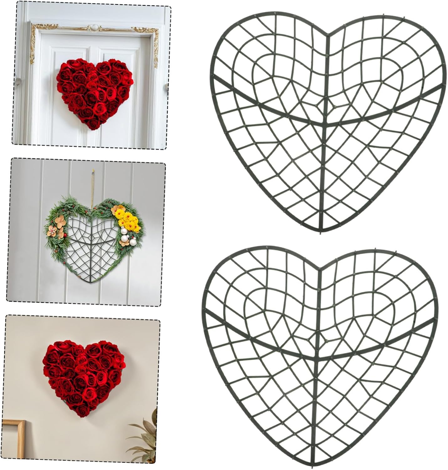4pcs Heart Shaped Flower Wreath Frame with Mesh Grid Base Artificial Floral Holder for DIY Heart Wreath Crafts for Wedding Party and Home Decoration