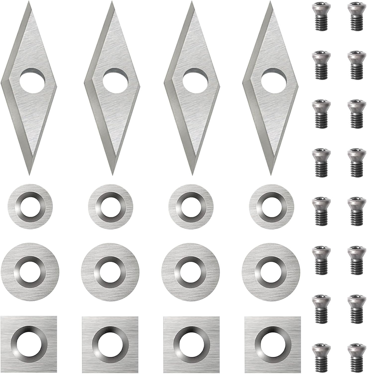27pcs Carbide Lathe Tools,Tungsten Cutters Inserts Set for Wood Lathe Turning Tools, Include 11 mm Square with Radius, 12 mm and 8.9 mm Round, 30 x 10 mm Diamond, Screwdriver,Screws