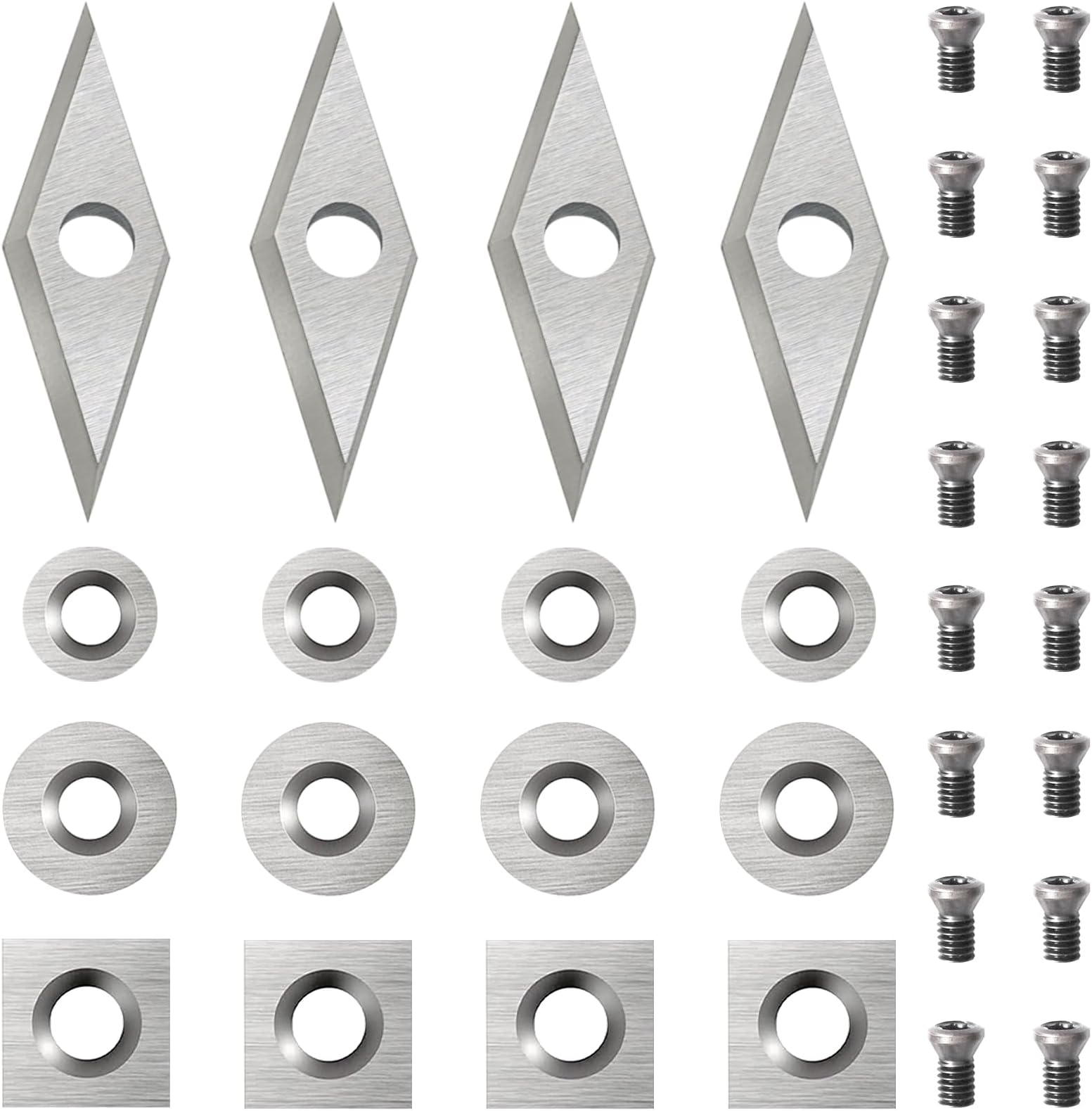 32pcs Carbide Lathe Tools,Tungsten Cutters Inserts Set for Wood Lathe Turning Tools, Include 11 mm Square with Radius, 12 mm and 8.9 mm Round, 30 x 10 mm Diamond,Screws