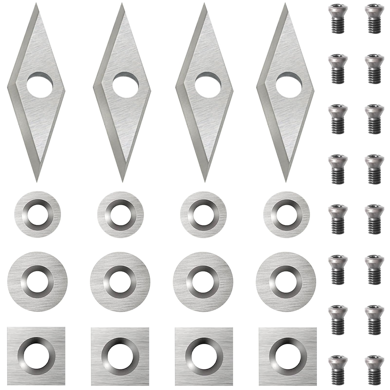 Diraeen 32pcs Carbide Lathe Tools,Tungsten Cutters Inserts Set for Wood Lathe Turning Tools, Include 11 mm Square with Radius, 12 mm and 8.9 mm Round, 30 x 10 mm Diamond,Screws